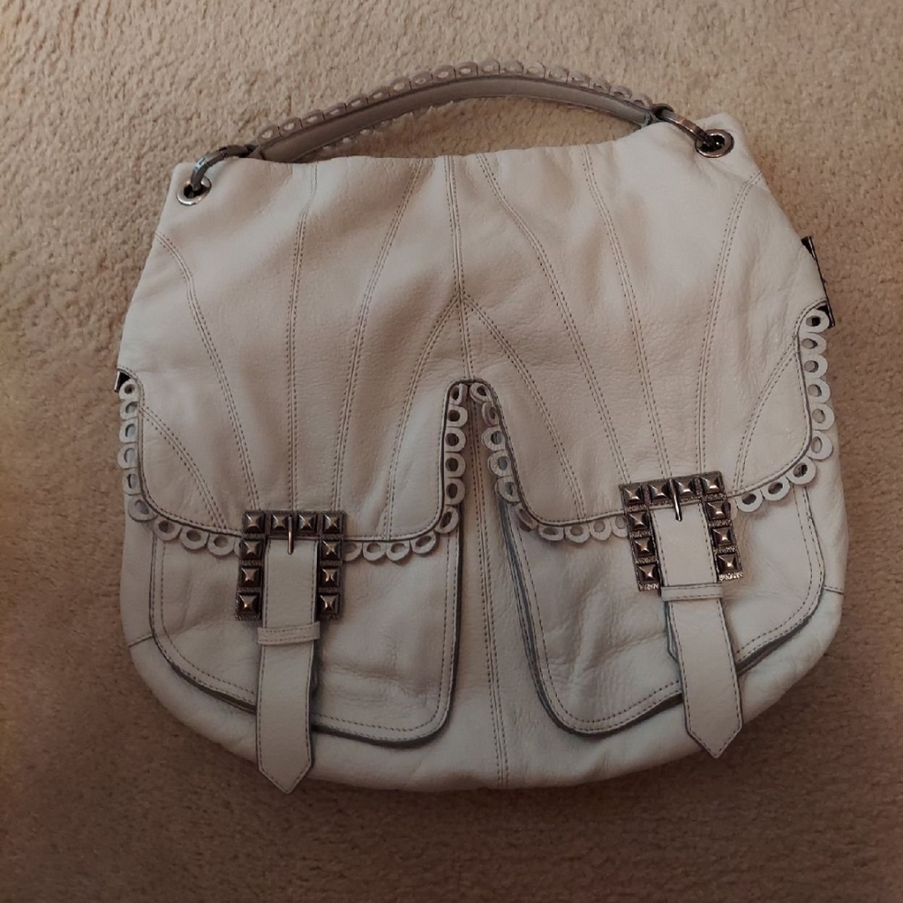 Betsey Johnson White Shoulder Bag with Edgy Studs NWOT Genuine Leather!